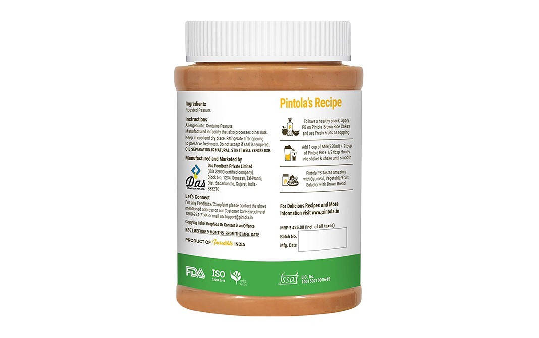 Pintola Peanut Butter Crunchy Unsweetened   Plastic Jar  1 kilogram
